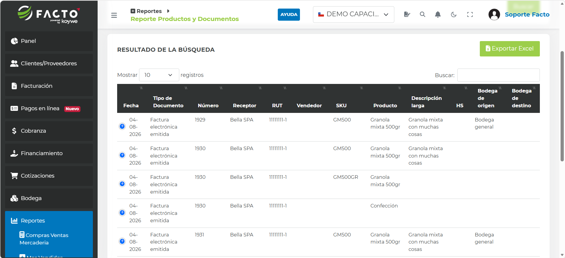 Reporte de Productos y Documentos en FACTO
