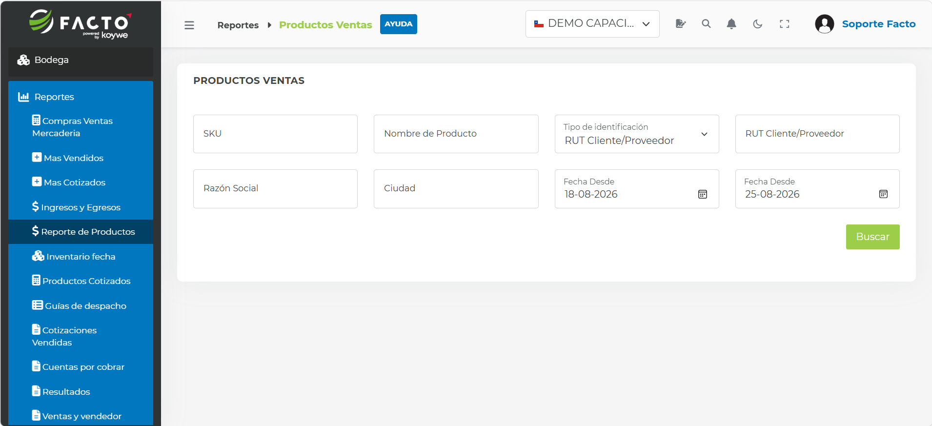 Filtros de búsqueda del Reporte de Productos