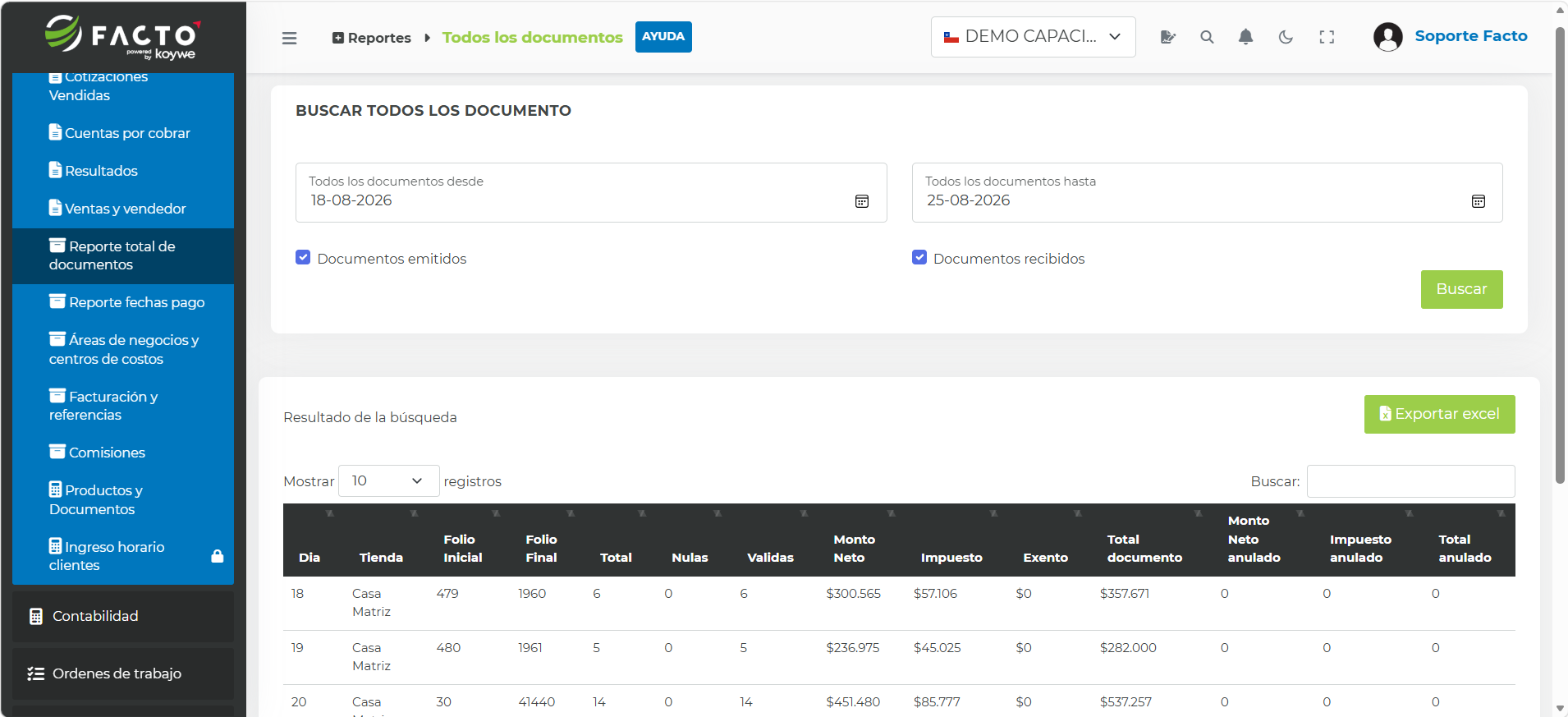 Reporte total de documentos en FACTO