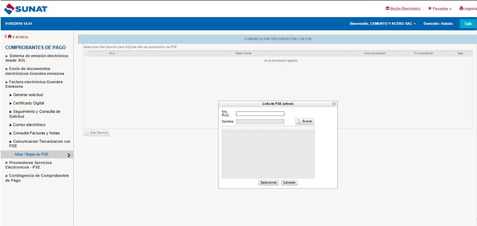 SUNAT — Active PSE list, search