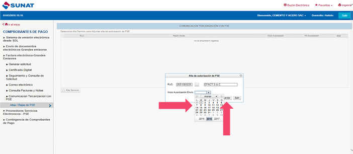 SUNAT — Authorization start date and Save